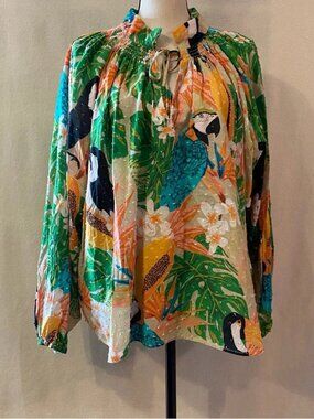 Farm Rio Anthropologie tropical parrot papaya Helena Clip Dot smocked bouse